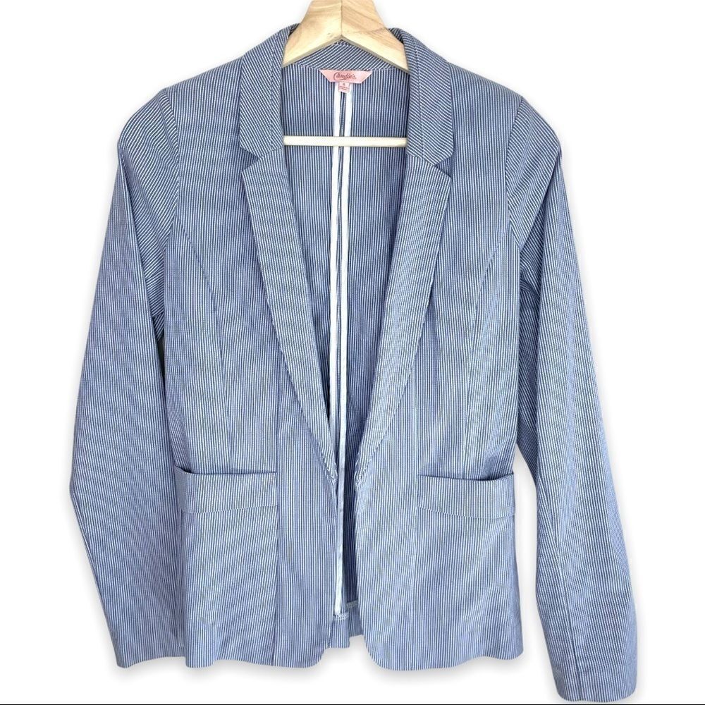 Candies Blue and White Striped Double Pocket Open Blazer